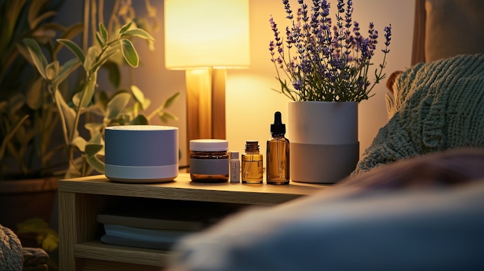 A serene bedside table with lavender, essential oils, and candles, promoting natural sleep optimization.