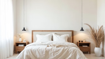 Minimalist bedroom interior design with wooden bed furniture white bedding and home accessories empty wall mockup for art gallery prints or bedroom advertising