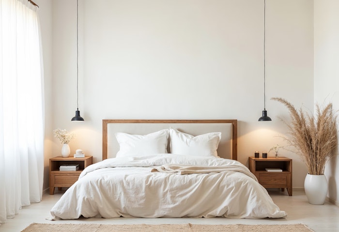 Minimalist bedroom interior design with wooden bed furniture white bedding and home accessories empty wall mockup for art gallery prints or bedroom advertising