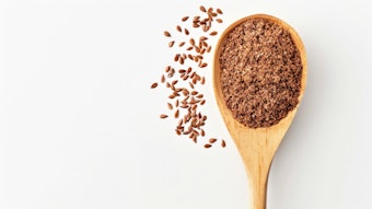 Brown flaxseed or linseed powder on wooden spoon against white background
