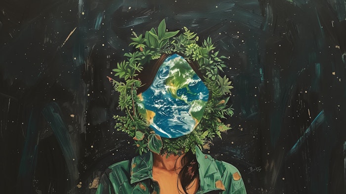 A sketch that features a person wearing a jean jacket. The person's face is the Earth, and there's a plant crown wrapped around their head.