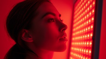 Side profile of a young woman bathed in the crimson glow of a red light therapy panel, exuding a sense of contemplation and wellness.