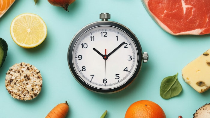 Nutrient-rich foods surrounding a stopwatch, concept of longevity through diet, flat design illustration