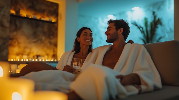 A couple enjoying a romantic evening in a candlelit spa setting with cozy robes and drinks in hand