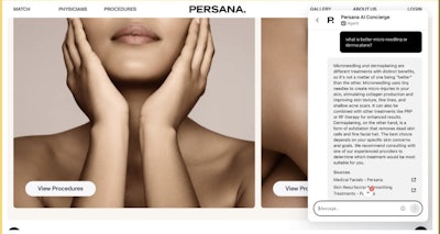 Persana uses an AI chatbot to enhance the process of researching cosmetic procedures by training the AI Chatbot on comprehensive procedure education pages authored by Persana physicians.