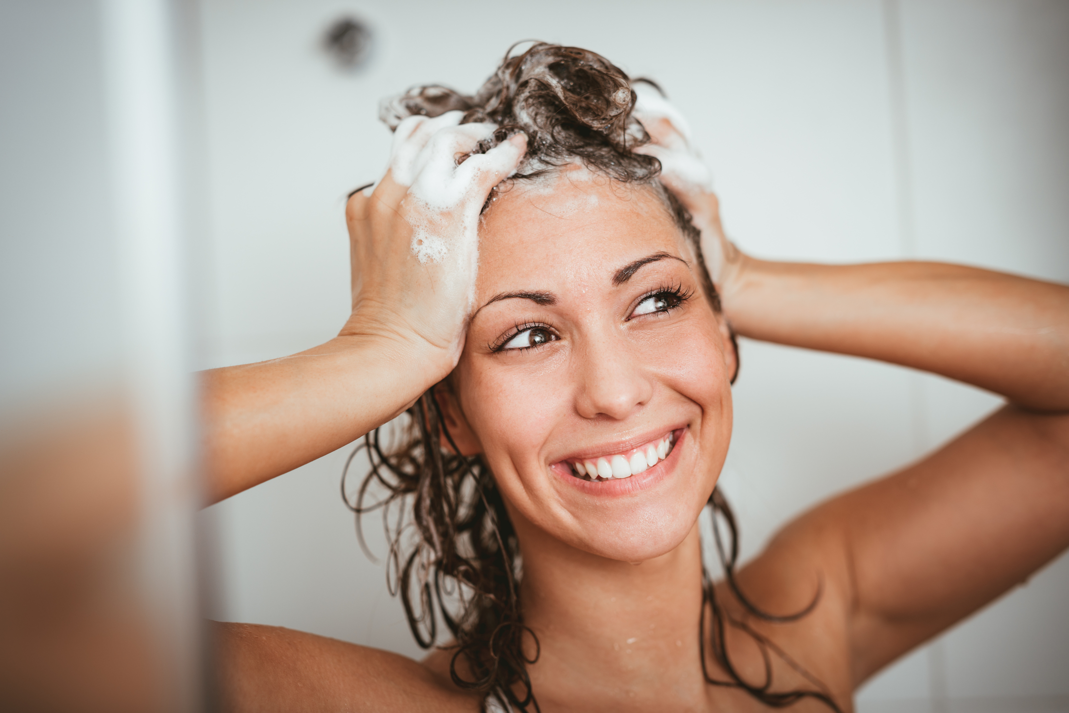 Woman Washing Hair In Shower Foamy Smiling Adobe Stock 192745176