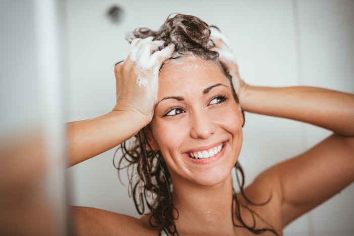 Woman Washing Hair In Shower Foamy Smiling Adobe Stock 192745176