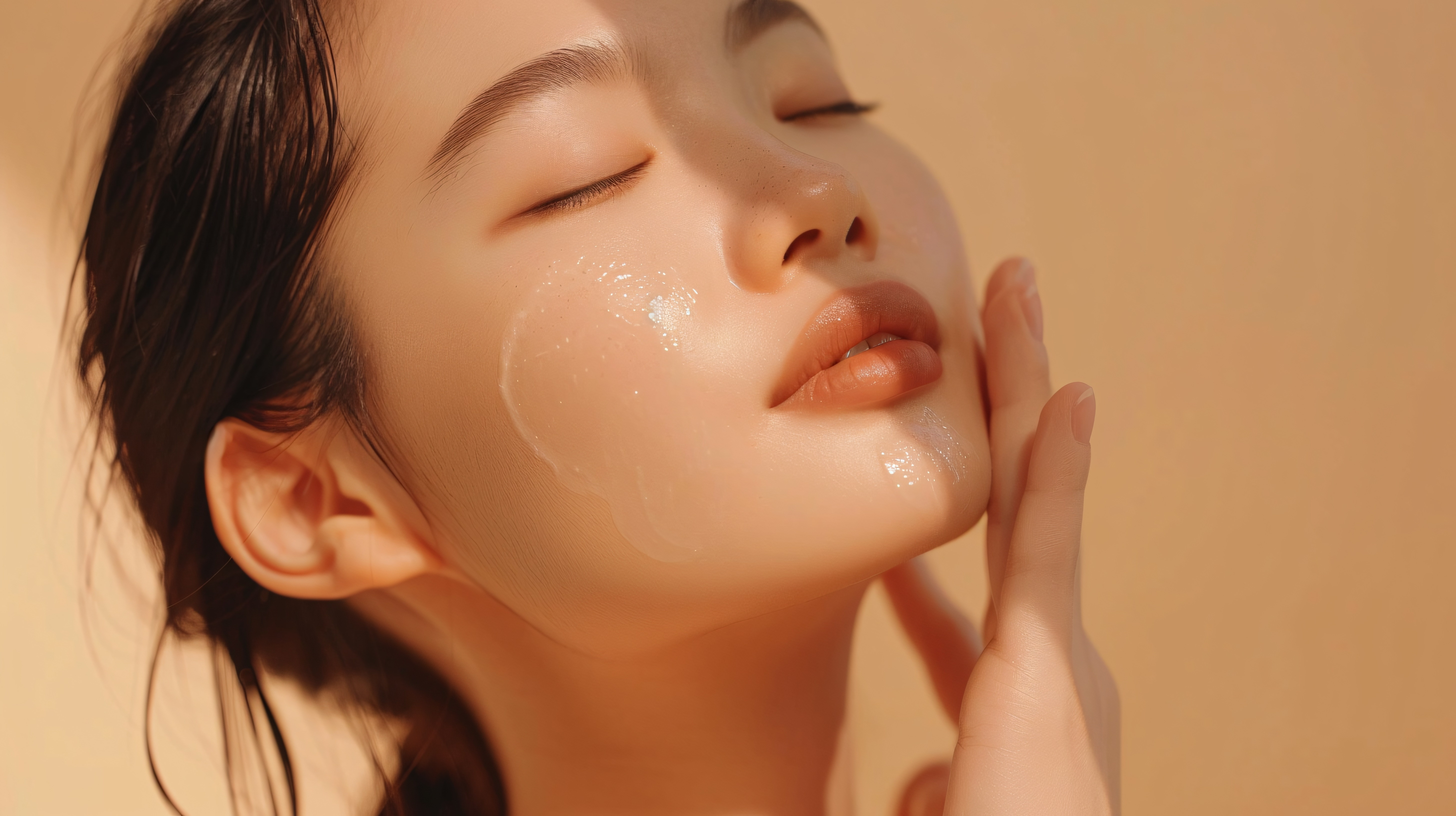 Close-up of a person with dewy skin, eyes closed, touching their face gently