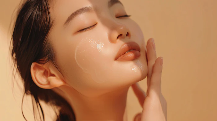 Close-up of a person with dewy skin, eyes closed, touching their face gently