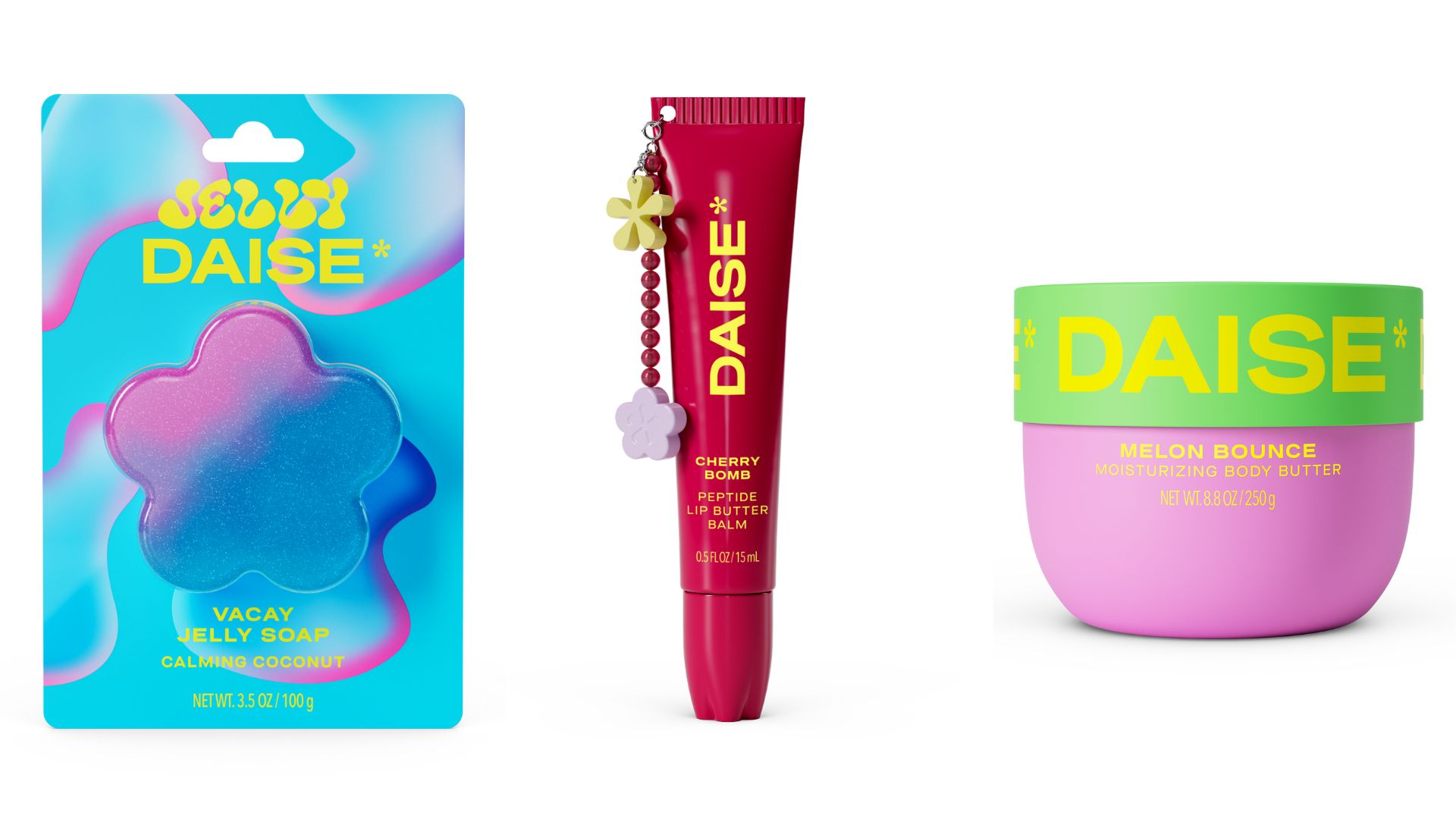 DAISE Beauty's Jelly Soap in 'Vacay' (left), Peptide Lip Butter Balm in 'Cherry Bomb' (center) and Moisturizing Body Butter in 'Melon Bounce' (right).
