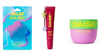 DAISE Beauty's Jelly Soap in 'Vacay' (left), Peptide Lip Butter Balm in 'Cherry Bomb' (center) and Moisturizing Body Butter in 'Melon Bounce' (right).
