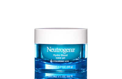 Neutrogena Hydro Boost water gel moisturizer jar with blue gel and white lid containing hyaluronic acid