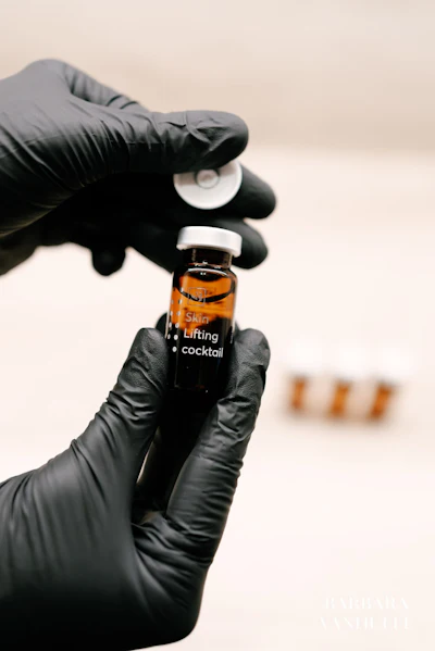 Gloved hands holding amber cosmetic serum vial labeled 'Skin Lifting cocktail' against neutral background