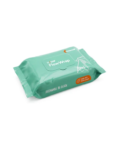 Mondi Flow Wrap sustainable packaging with 25% PCR content in mint green