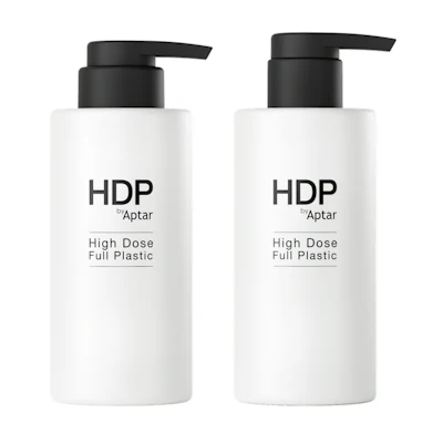 Two white HDP by Aptar High Dose Full Plastic pump bottles with black dispensers