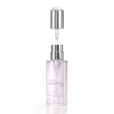 Neo Dropper Autoload serum bottle with silver dropper applicator and pale pink liquid