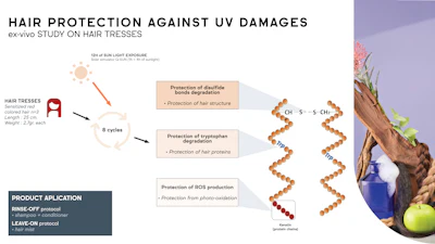 Scientific infographic showing hair UV protection study results with molecular structures and product application methods