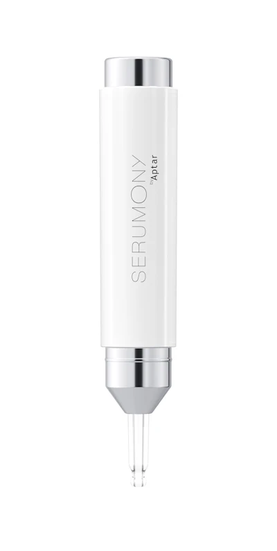 SERUMONY Aptar white serum dispenser bottle with chrome cap and pump applicator