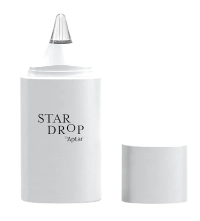 Star Drop by Aptar dropper bottle with white cylindrical container and metallic cap