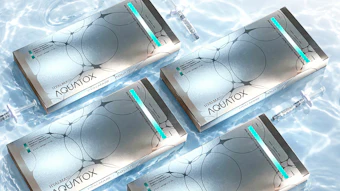 Four HYALMASS AQUATOX skincare product boxes displayed on water background with peptide science branding
