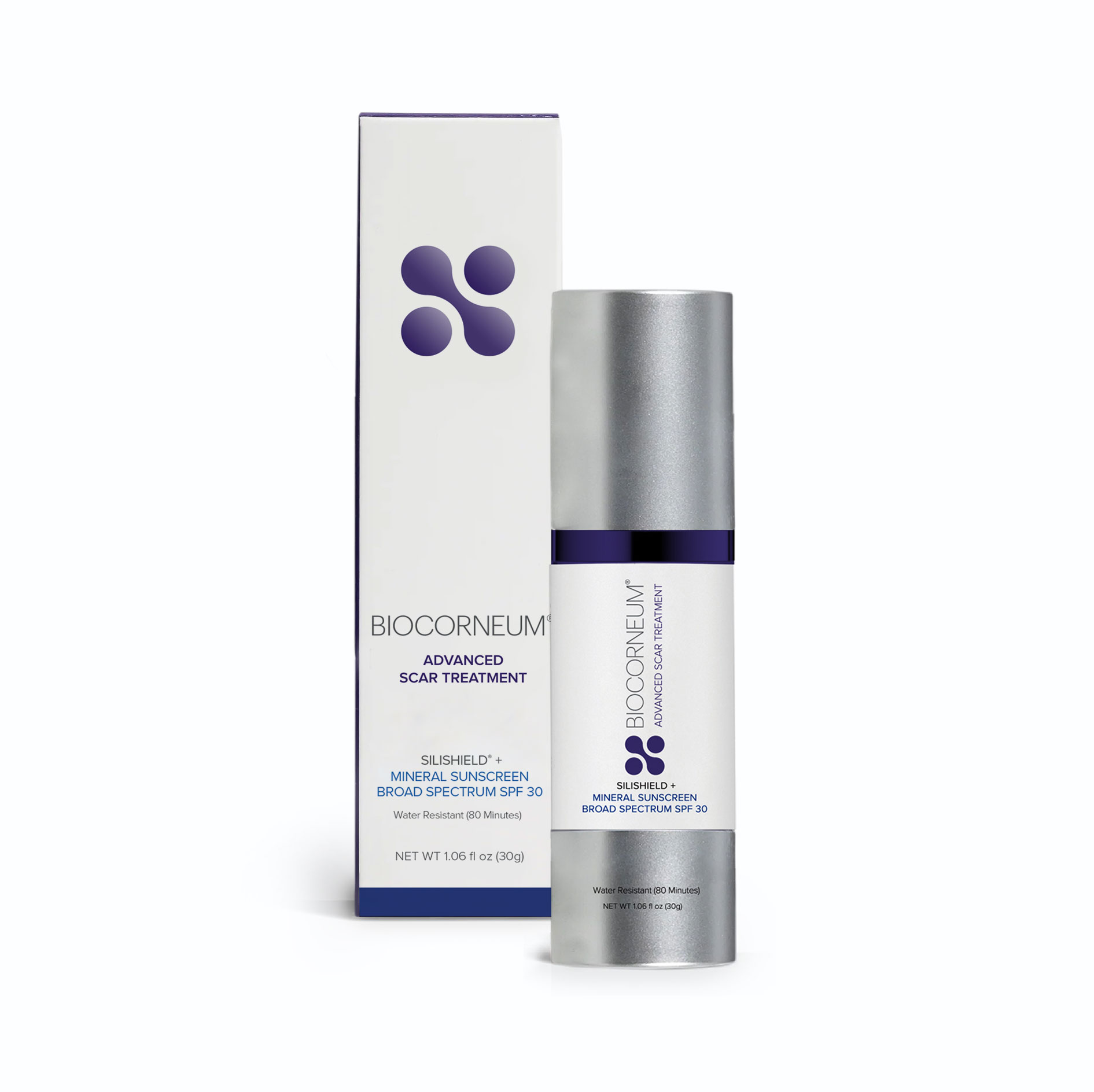 BIOCORNEUM Advanced Scar Treatment with SilShield mineral sunscreen SPF 30 product packaging and bottle