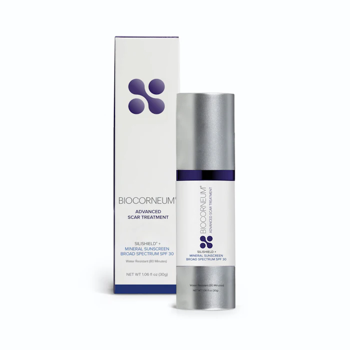 BIOCORNEUM Advanced Scar Treatment with SilShield mineral sunscreen SPF 30 product packaging and bottle