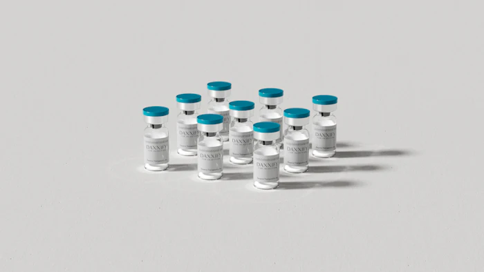 Multiple pharmaceutical vials with blue caps arranged on white surface