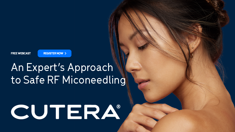 Woman in profile with Cutera RF microneedling webcast promotion and registration button