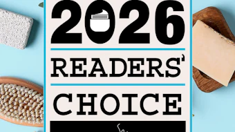 2026 Readers' Choice Awards nomination poster for SkinInc featuring spa brushes and skincare products on blue background