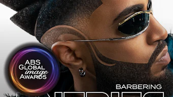 Barbering competition promotional poster featuring styled male model with textured hair and sunglasses, announcing ABS Global Image Awards entries open through November 30, 2026