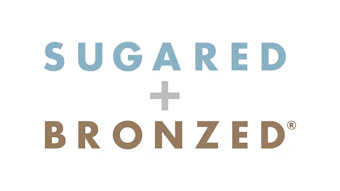 Sugared + Bronzed logo featuring blue and bronze text with plus symbol