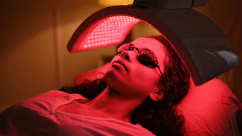Person receiving red light therapy treatment under LED panel device