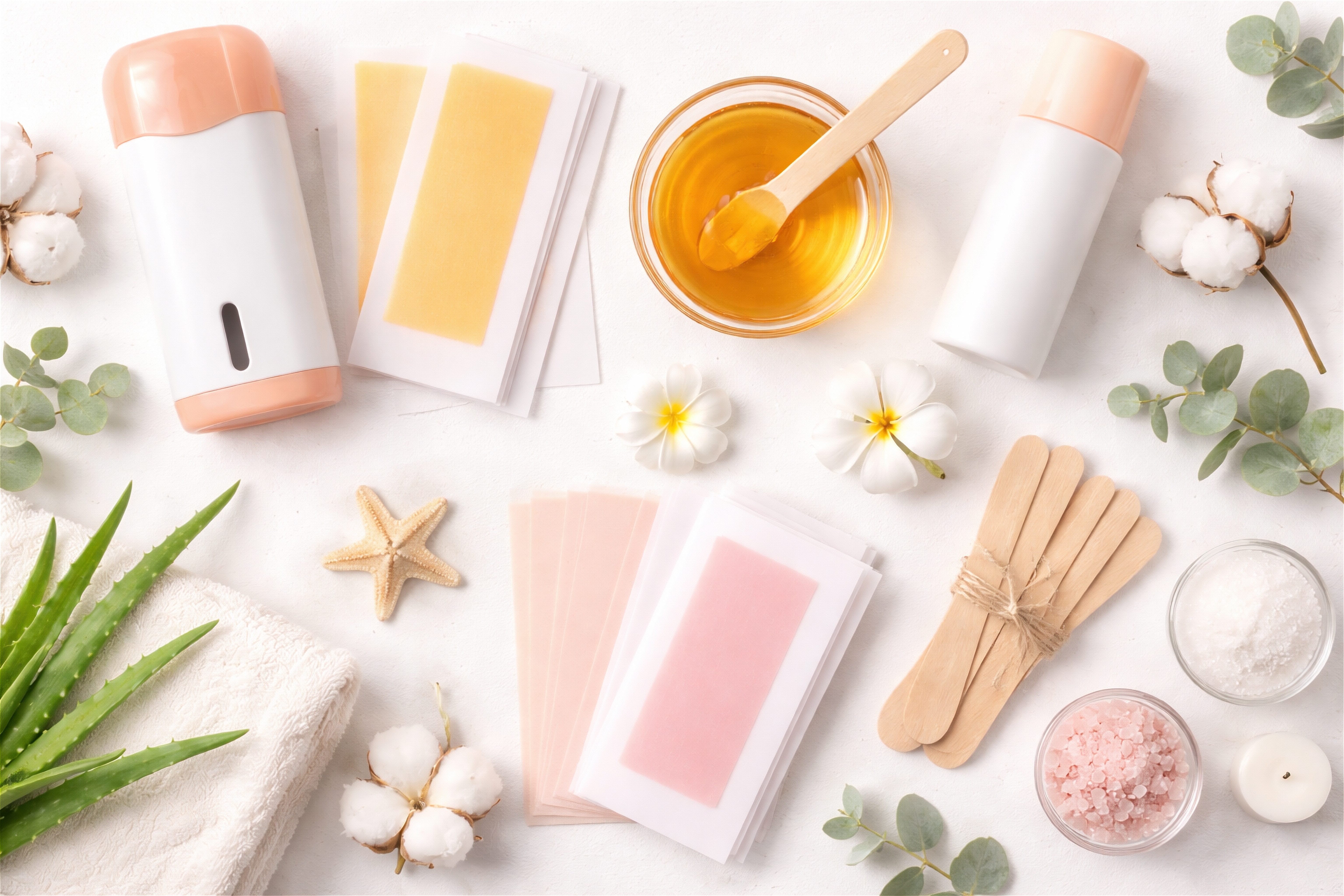 Skincare and beauty products flatlay with honey, aloe vera, cotton flowers, and natural ingredients on white background