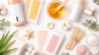Skincare and beauty products flatlay with honey, aloe vera, cotton flowers, and natural ingredients on white background