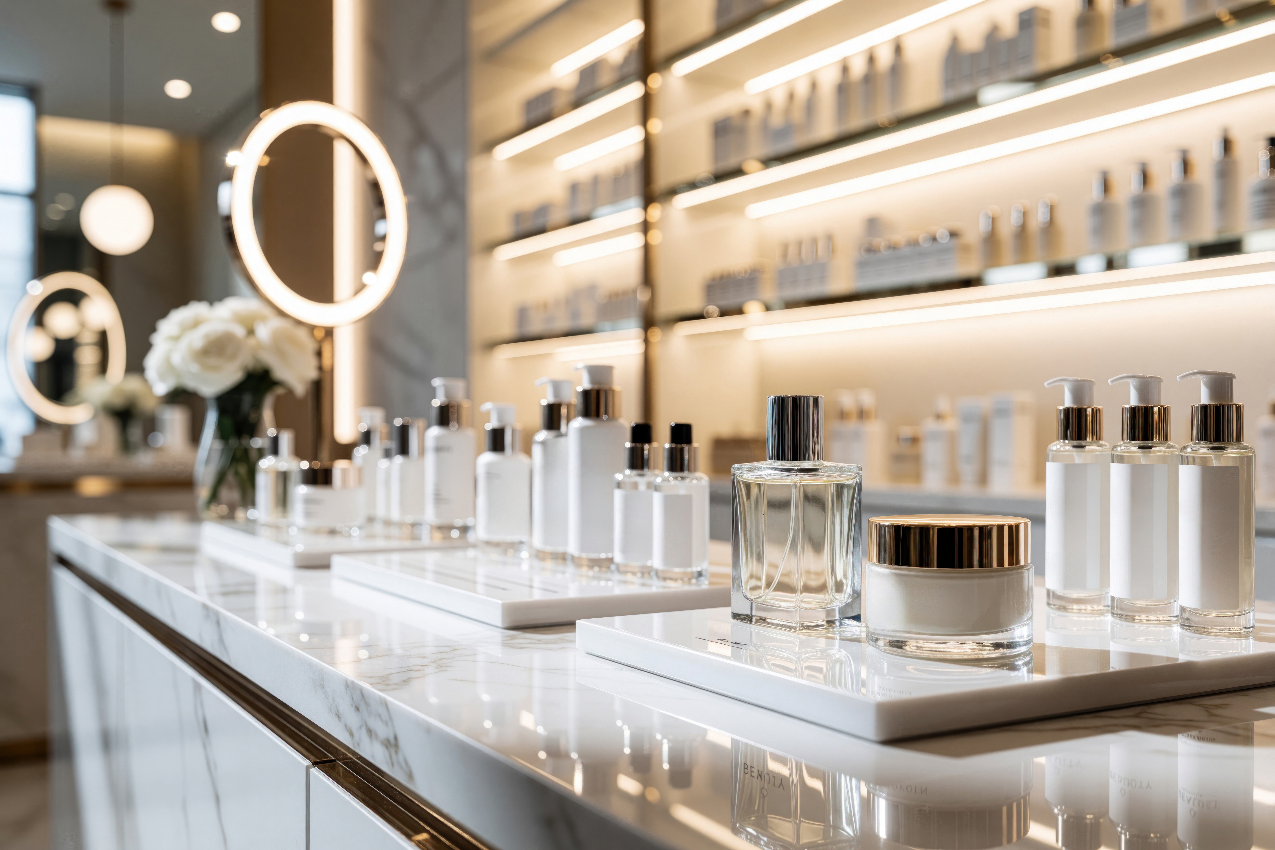 Luxury beauty retail counter displaying skincare and fragrance products with neon ring lights and illuminated shelving