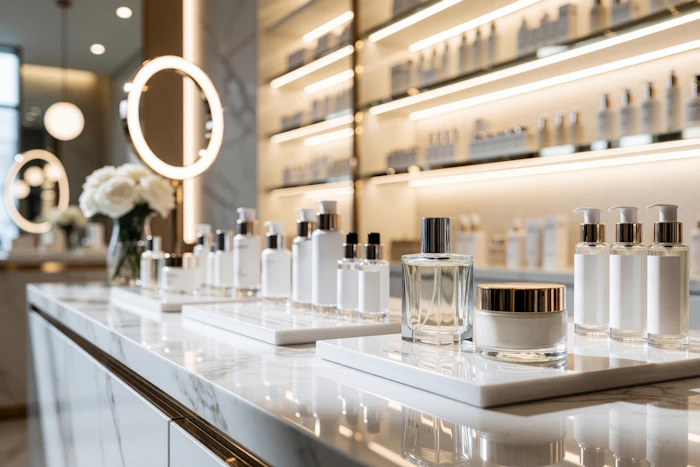 Luxury beauty retail counter displaying skincare and fragrance products with neon ring lights and illuminated shelving