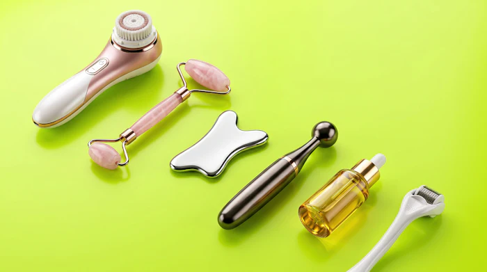 Collection of skincare tools including facial cleansing brush, rose quartz roller, gua sha stone, and derma roller on lime green background