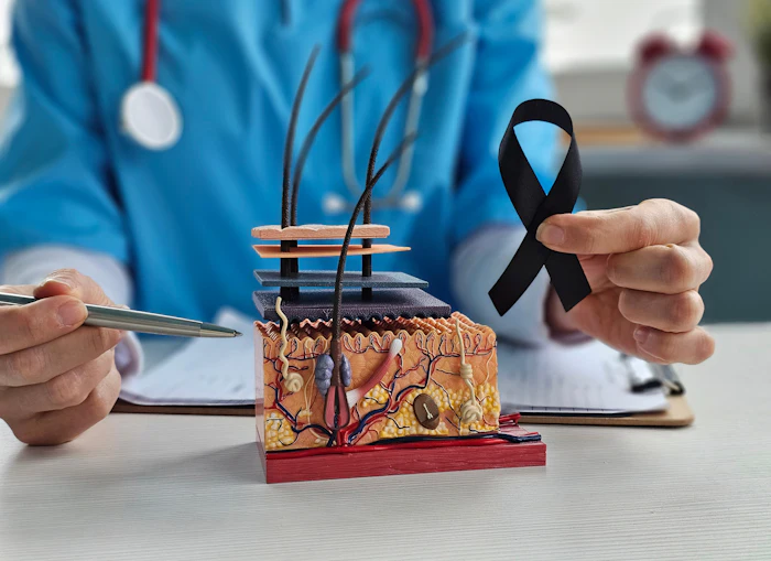 Healthcare professional holding black awareness ribbon beside anatomical skin tissue model in clinical setting