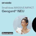 Geogard NEU skincare product advertisement featuring woman in shower with text 'Small dose. MASSIVE IMPACT.'