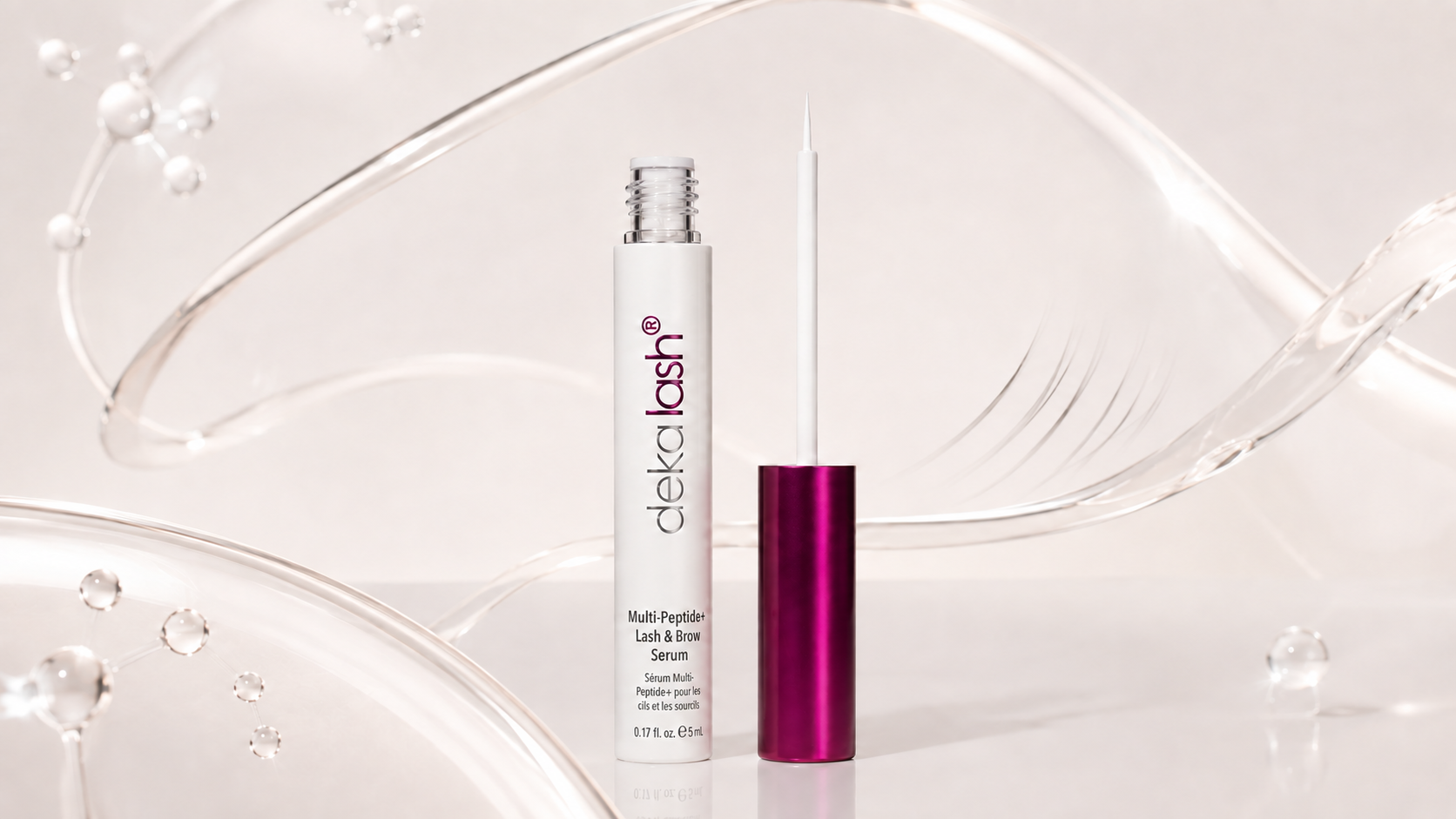 Cek Lash Multi-Peptide Lash & Brow Serum with purple cap displayed on clear gel background