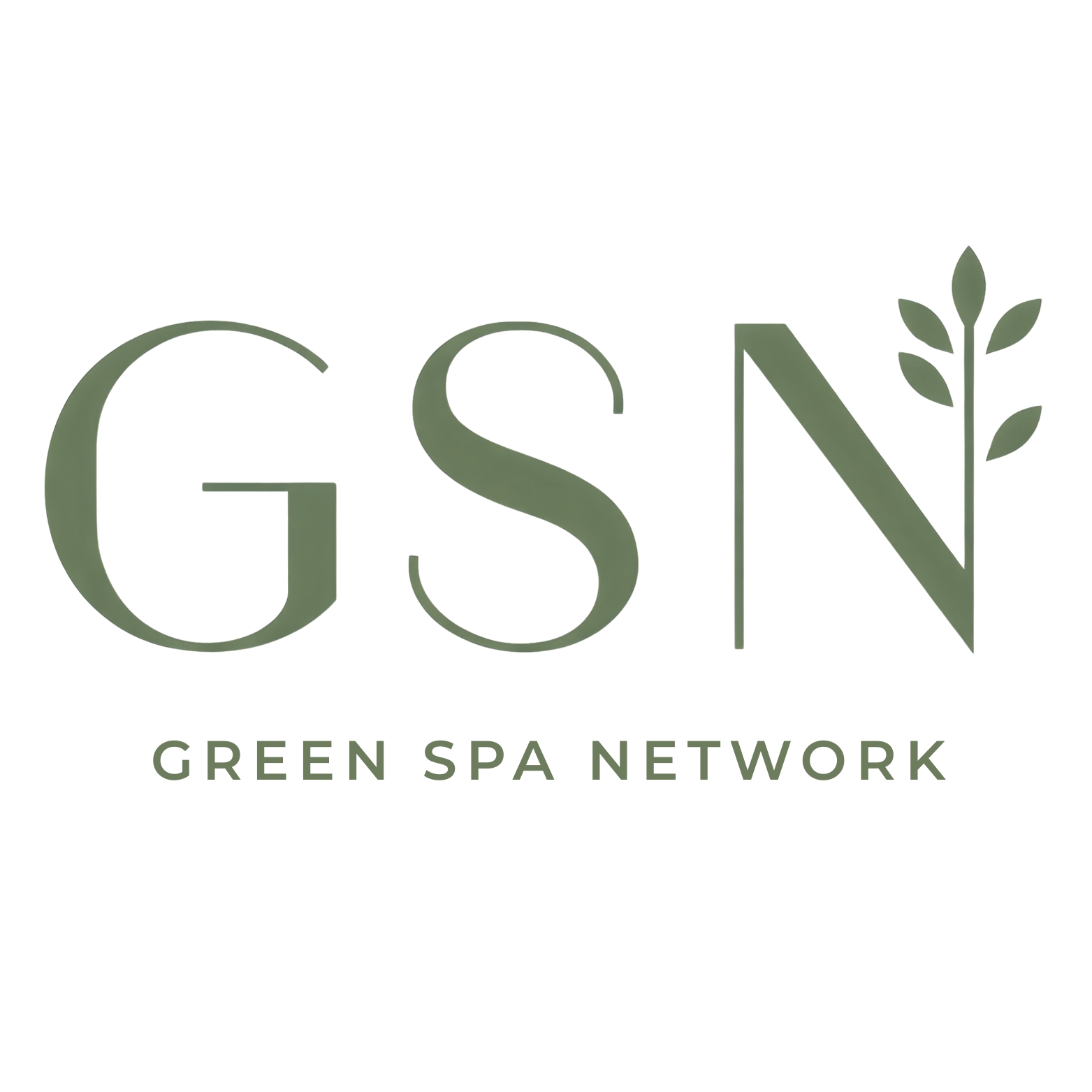 Green Spa Network logo featuring GSN acronym with integrated botanical leaf design in sage green