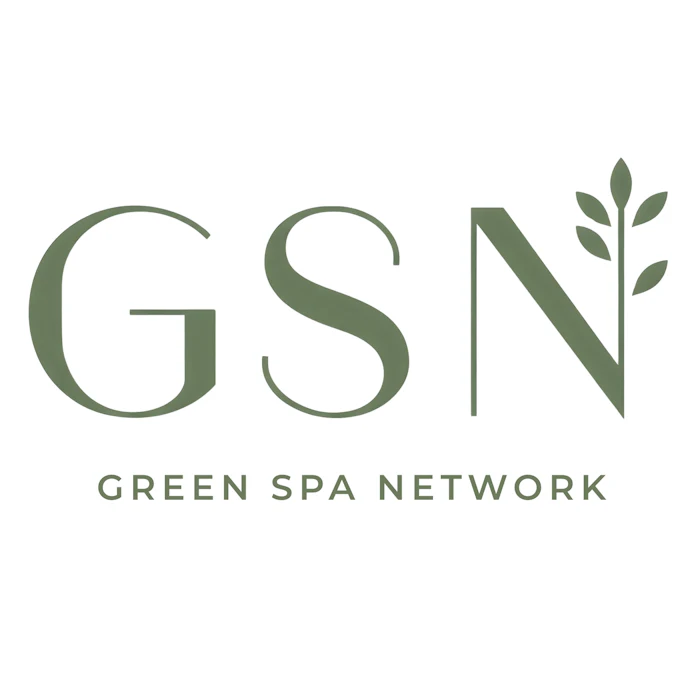 Green Spa Network logo featuring GSN acronym with integrated botanical leaf design in sage green
