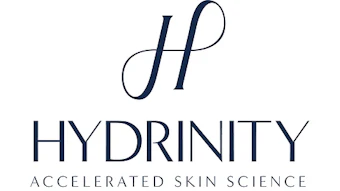 Hydrinity logo featuring stylized H monogram with navy text and 'Accelerated Skin Science' tagline