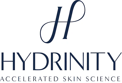 Hydrinity logo featuring stylized H monogram with navy text and 'Accelerated Skin Science' tagline