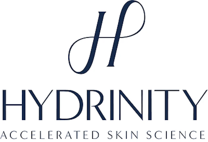 Hydrinity logo featuring stylized H monogram with navy text and 'Accelerated Skin Science' tagline