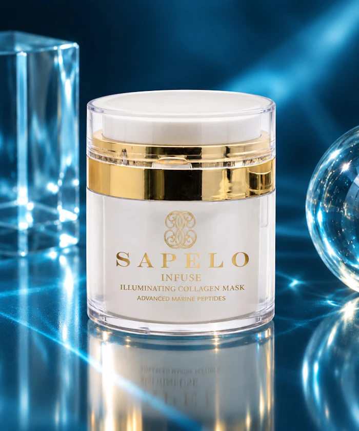 SAPELLO Infuse illuminating collagen mask jar with gold band and white lid on blue reflective surface