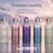 Five Ethereal Shades cosmetic bottles in gradient colors displayed on a beach at sunset with golden light and clouds