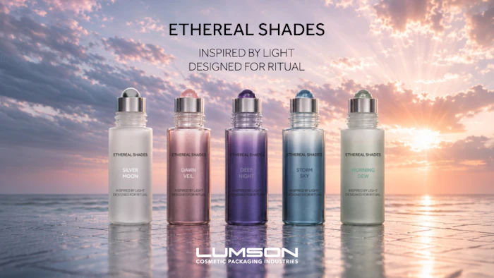 Five Ethereal Shades cosmetic bottles in gradient colors displayed on a beach at sunset with golden light and clouds