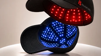 Stacked LED light therapy baseball caps with red and blue illuminated panels and Rajani MD branding
