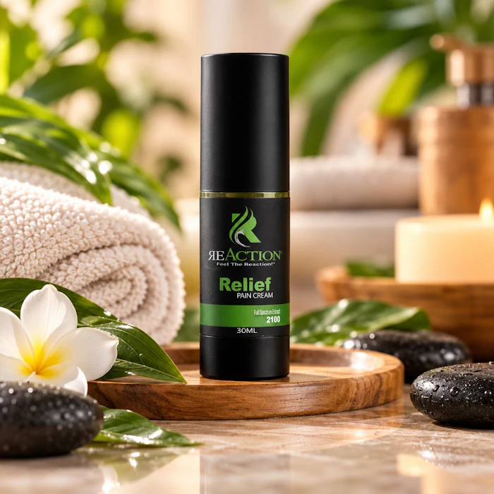 ReAction Relief Pain Cream 30ml bottle displayed in a spa setting with rolled towel, white flowers, smooth stones, and botanical elements